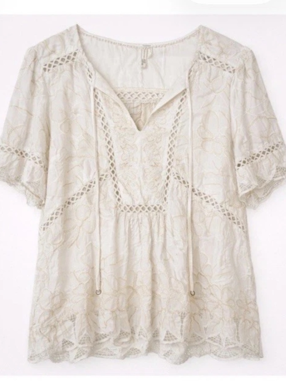 Feather Bone Anthropologie White Lace Peasant Top Eyelet Crochet Boho NWT $158